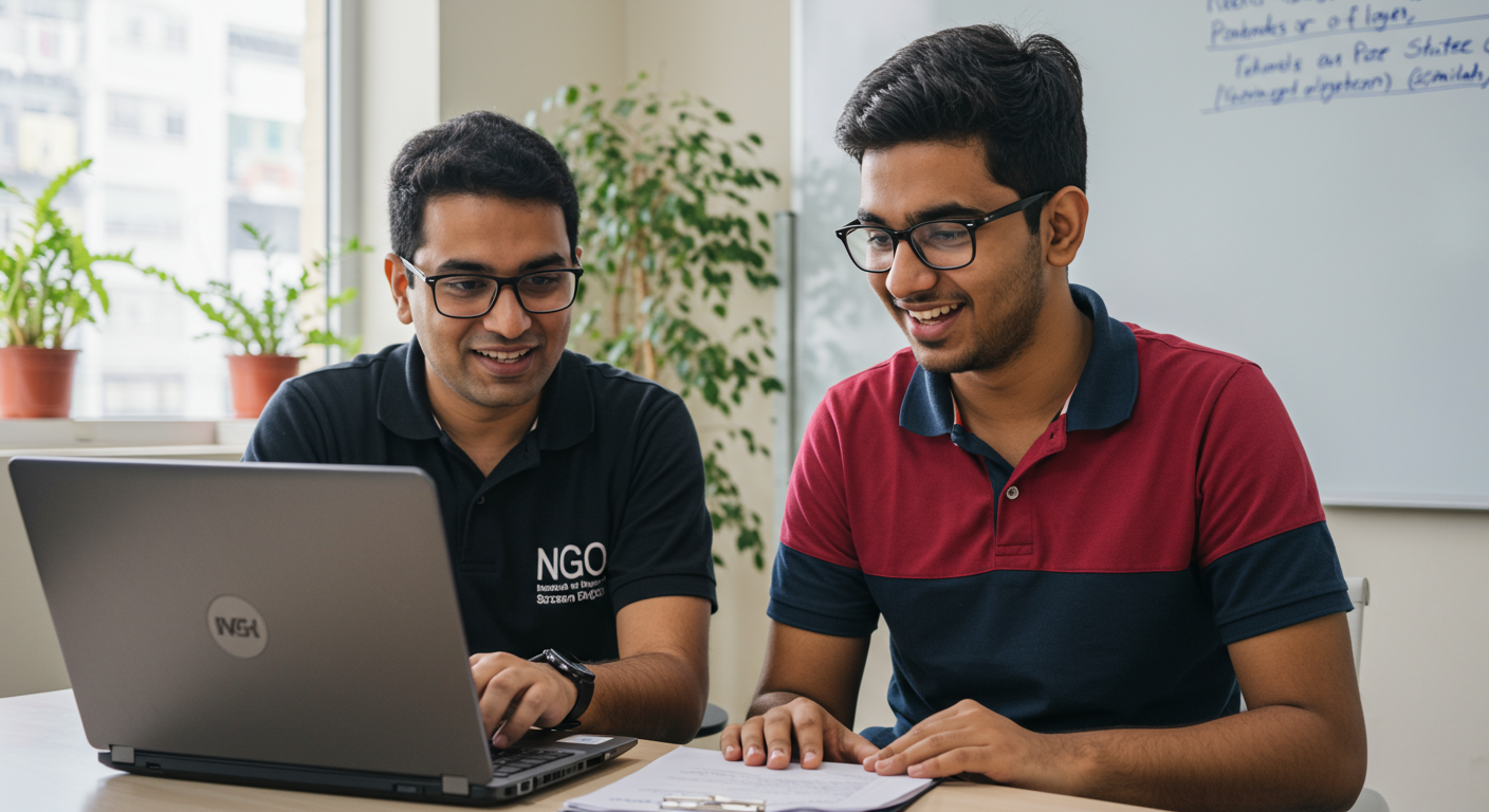 A specially-abled professional collaborating with teammates in an inclusive Indian workplace