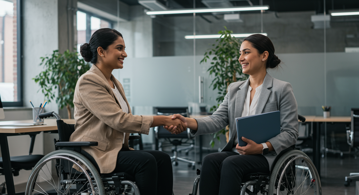 Specially-abled new hire shaking hands with an HR manager at an inclusive Indian office