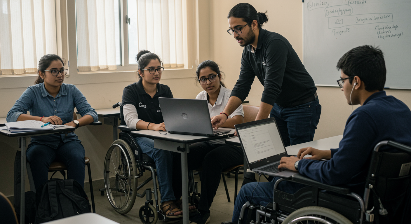Volunteer industry professional delivering a live training session to specially-abled learners