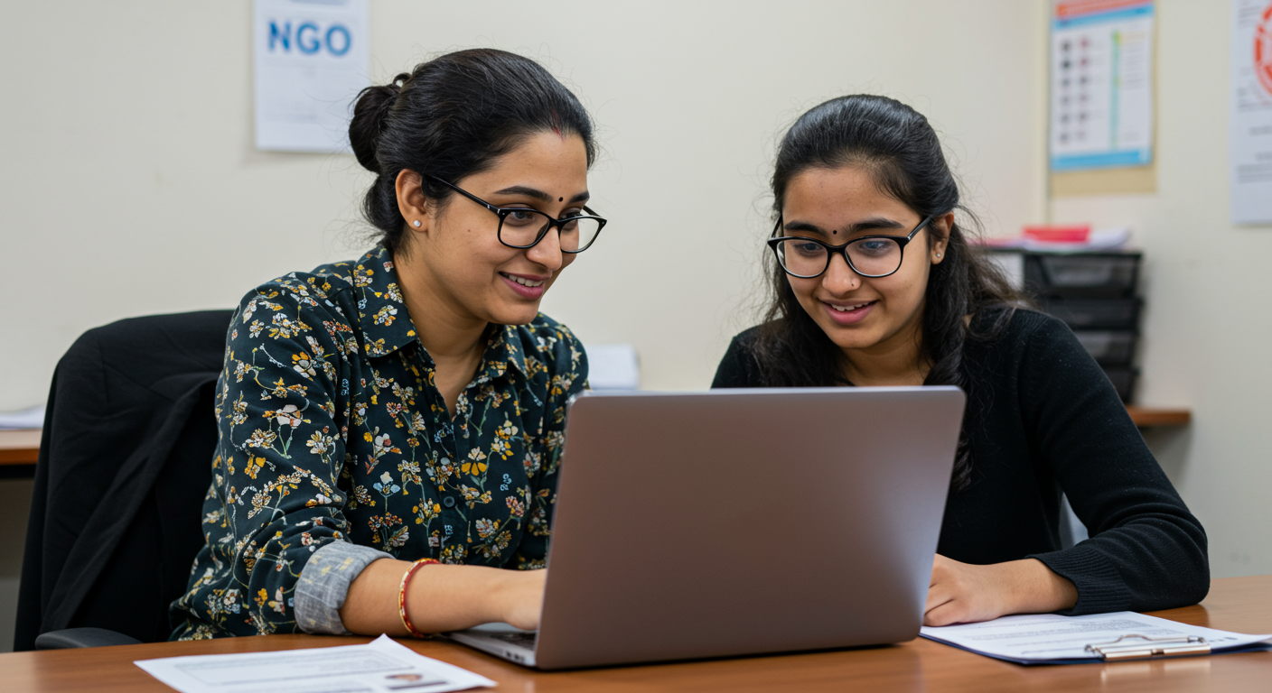 NGO coordinator reviewing a candidate profile on a laptop in a community office